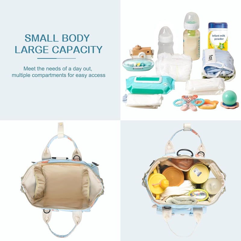 Mozzilog Small Diaper Bag Crossbody, Convertible Mini Diapers Backpack 4 in 1 w/Shoulder for Stroller, Travel, Small Mommy Daiper Tote with Insulated Pockets, Compact Baby Bag for Mom (Sky Blue Animal) - Image 3